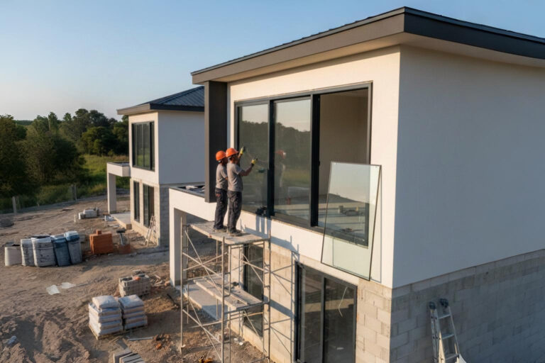 Proses pemasangan kusen jendela sliding aluminium minimalis pada dinding rumah.
