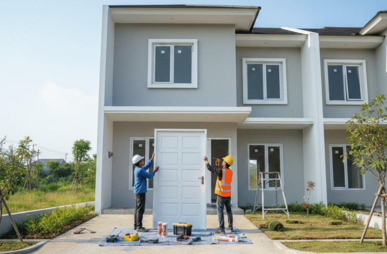 Pemasangan pintu aluminium Alexindo model swing minimalis warna hitam oleh tukang profesional di area perumahan Cibitung.