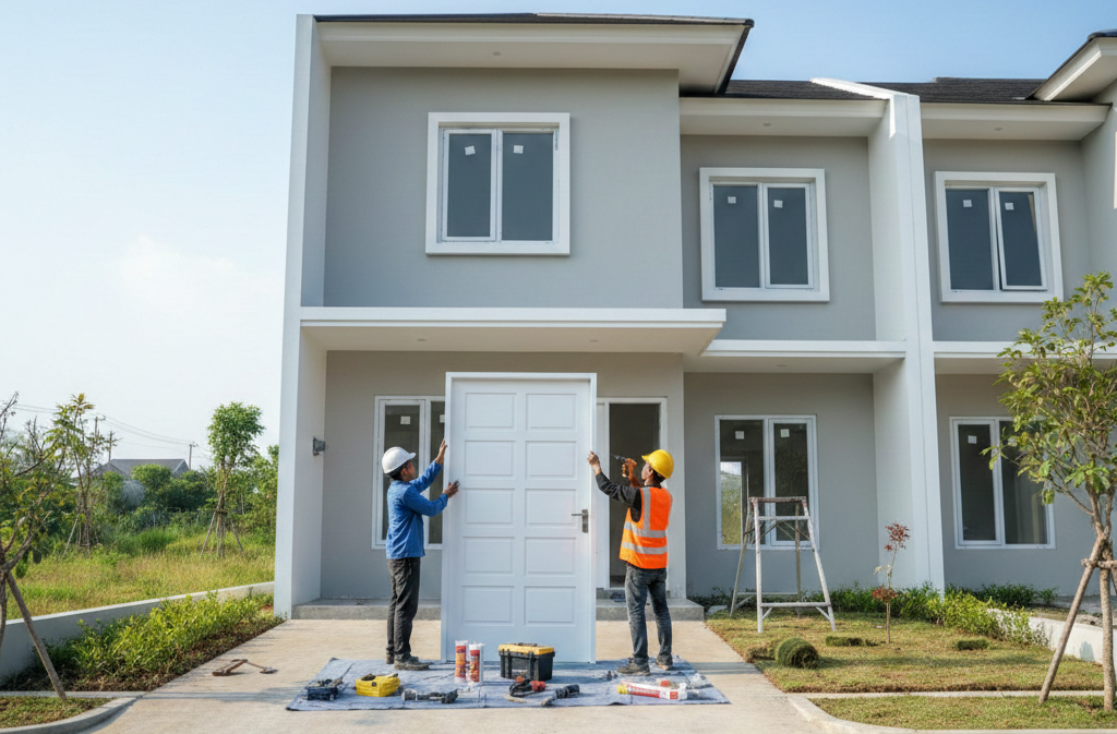 Pemasangan pintu aluminium Alexindo model swing minimalis warna hitam oleh tukang profesional di area perumahan Cibitung.