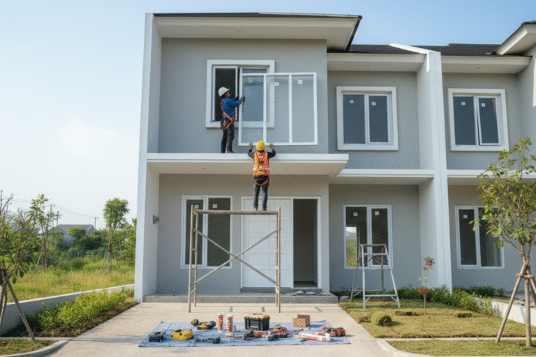 Pemasangan jendela aluminium Alexindo minimalis warna hitam di perumahan Jakarta.