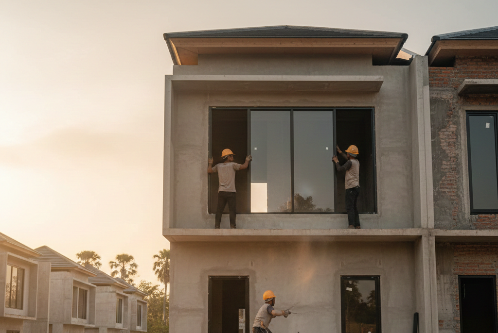 Pemasangan jendela aluminium Alexindo minimalis warna hitam di perumahan Bekasi.