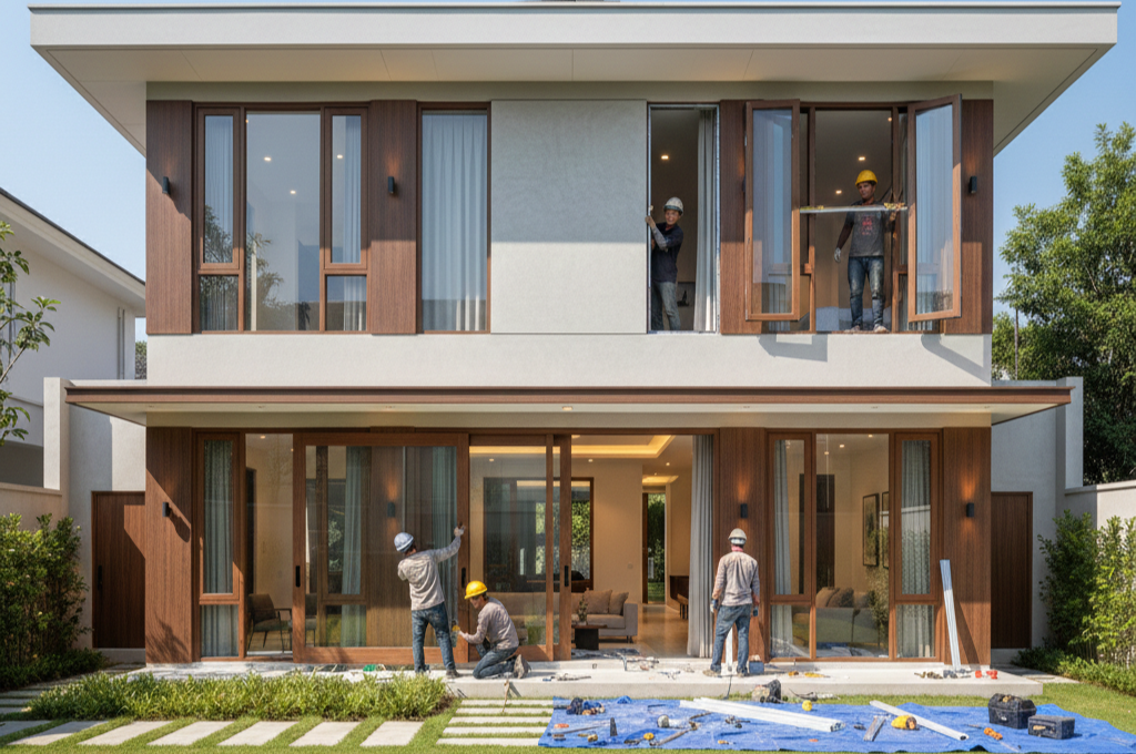 Pemasangan kusen aluminium Alexindo motif serat kayu jati pada jendela rumah minimalis modern yang tahan cuaca.