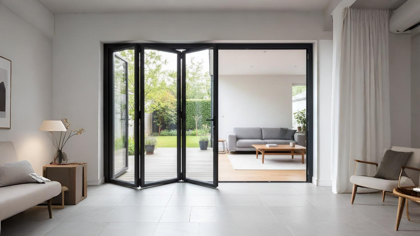 Tampilan pintu lipat aluminium modern minimalis warna abu-abu gelap terpasang rapi di area teras menuju kolam renang.