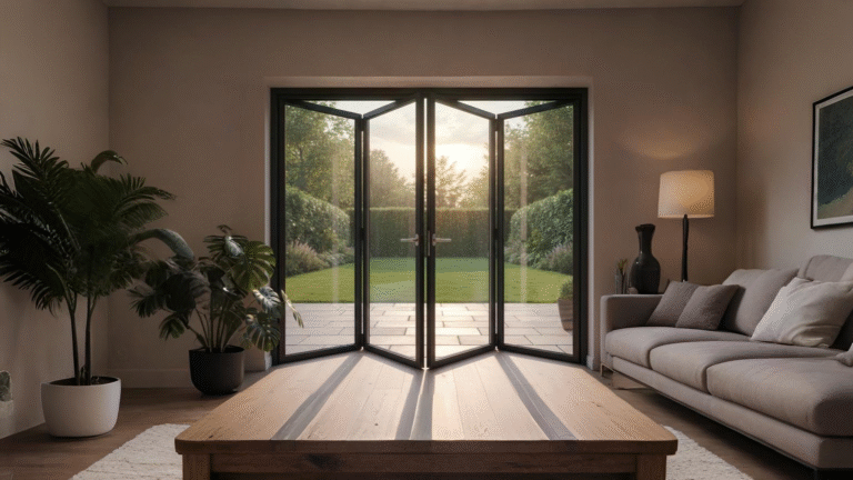 Desain pintu lipat aluminium custom warna hitam minimalis penghubung ruang tamu dan taman.