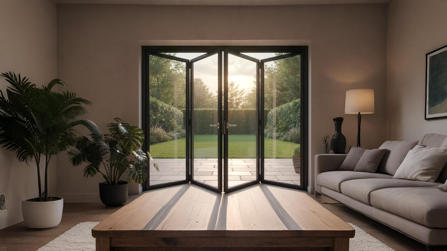 Desain pintu lipat aluminium custom warna hitam minimalis penghubung ruang tamu dan taman.