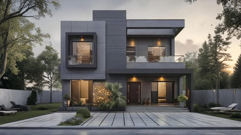 Desain fasad ACP rumah minimalis modern warna abu-abu.