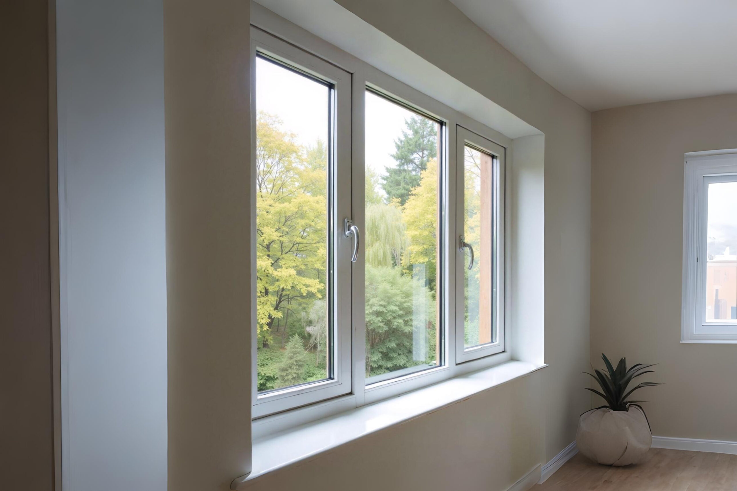 Jendela aluminium minimalis dengan rangka ramping dan kaca bening pada rumah modern bergaya sederhana dan elegan.