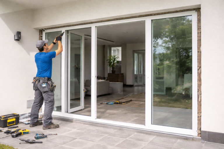 Pemasangan jendela aluminium custom minimalis warna hitam di ruang tamu.