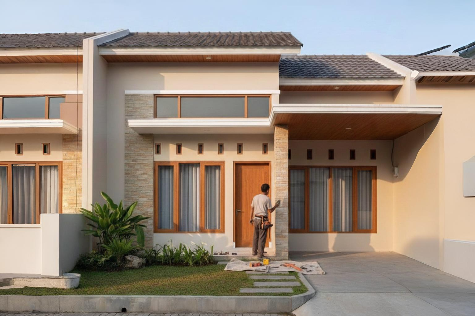 Pemasangan kusen aluminium motif serat kayu warna jati pada jendela minimalis di rumah pelanggan daerah Bekasi.