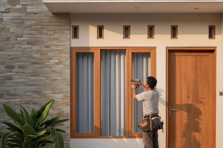 Pemasangan kusen aluminium Alexindo motif serat kayu warna cokelat natural pada jendela rumah minimalis modern.