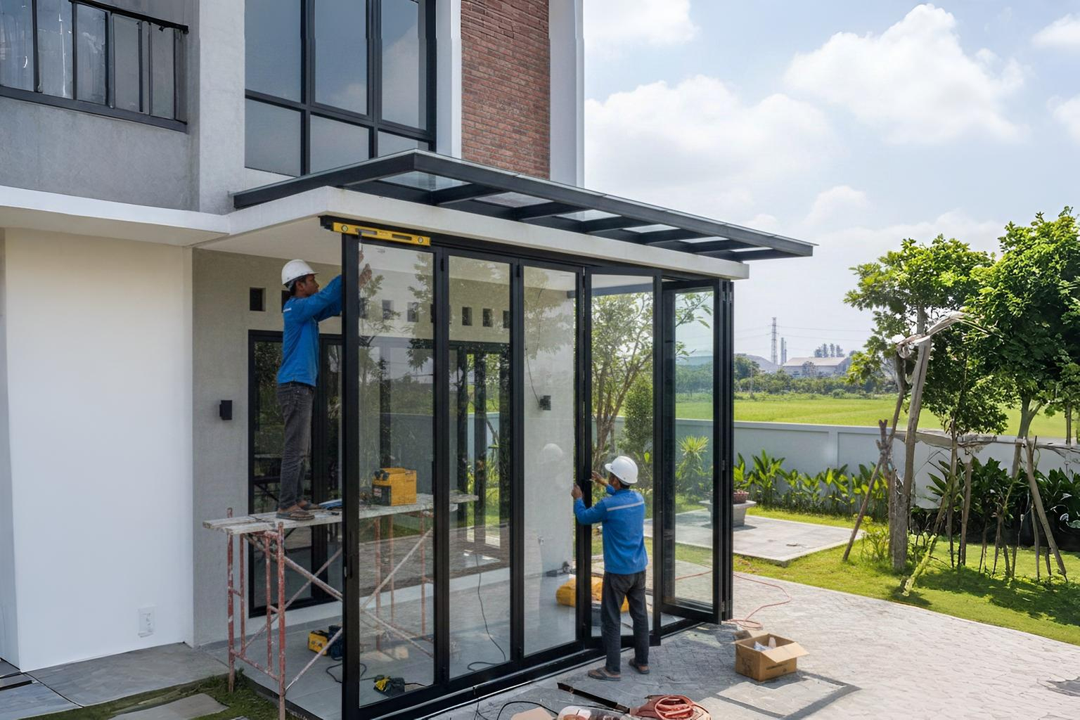 Pemasangan pintu lipat aluminium minimalis warna hitam dengan kaca transparan untuk pembatas ruangan di area Cibitung.
