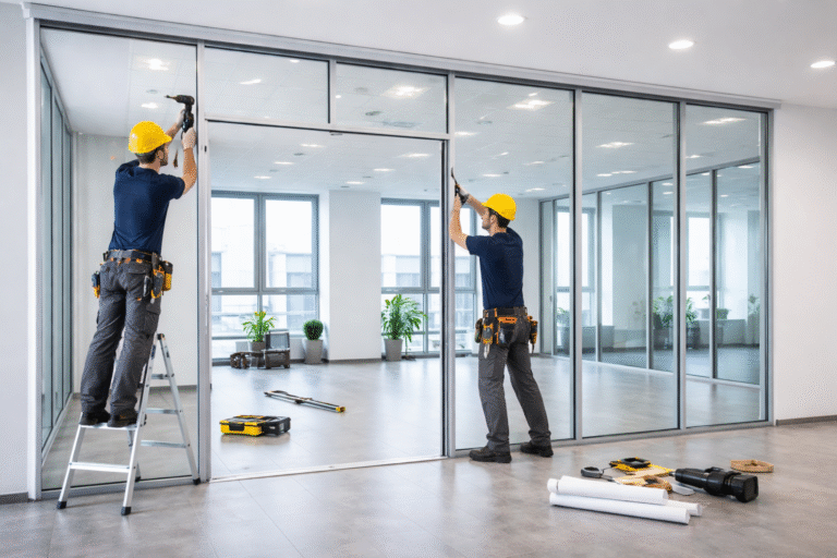 Pekerja memasang pintu partisi aluminium kaca di kantor modern area Cibitung dengan rangka hitam minimalis rapi