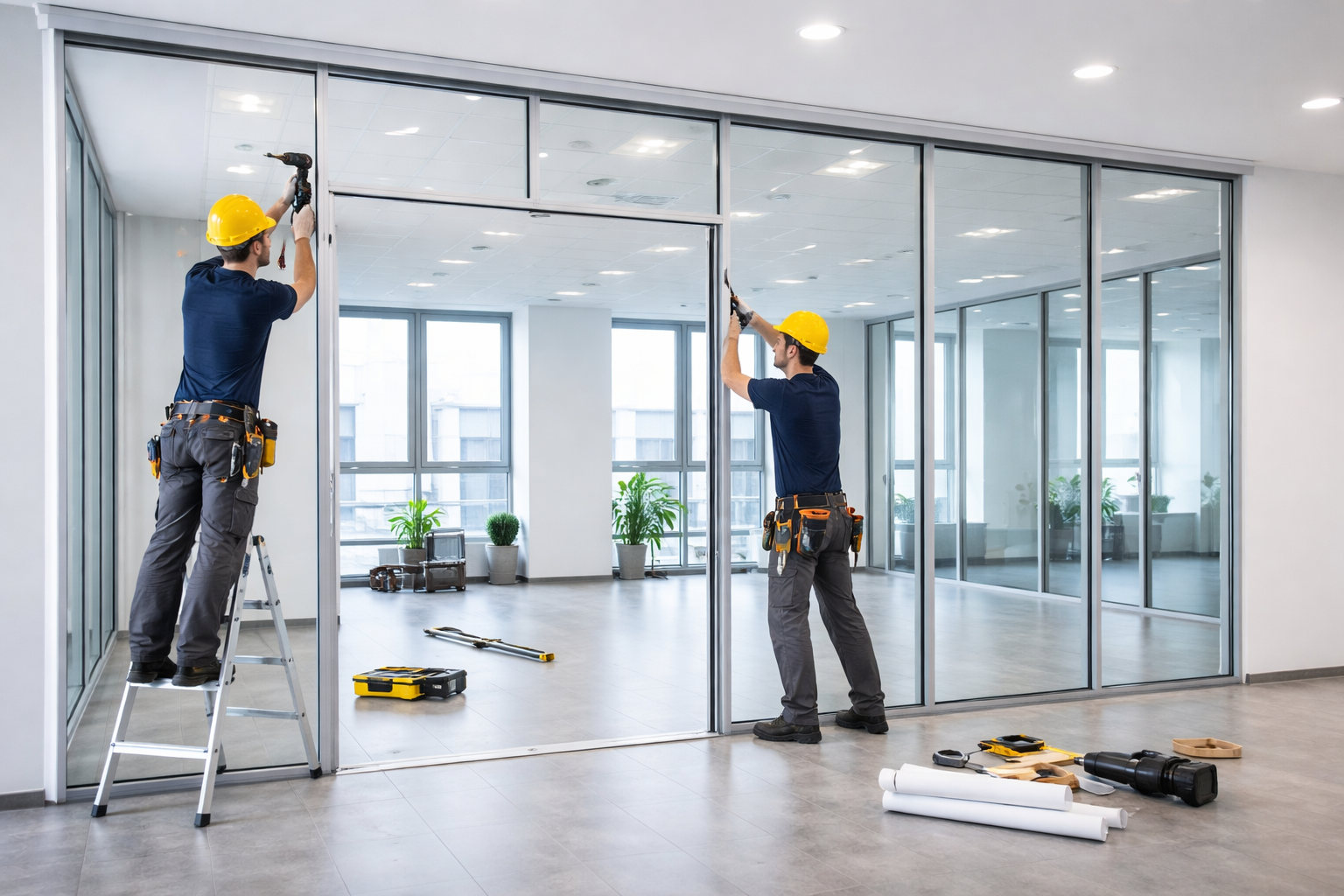 Pekerja memasang pintu partisi aluminium kaca di kantor modern area Cibitung dengan rangka hitam minimalis rapi