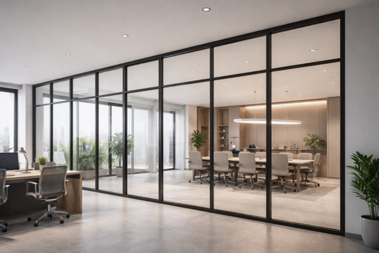 Pemasangan jendela partisi aluminium modern dengan rangka rapi dan kaca bening untuk ruangan kantor minimalis.