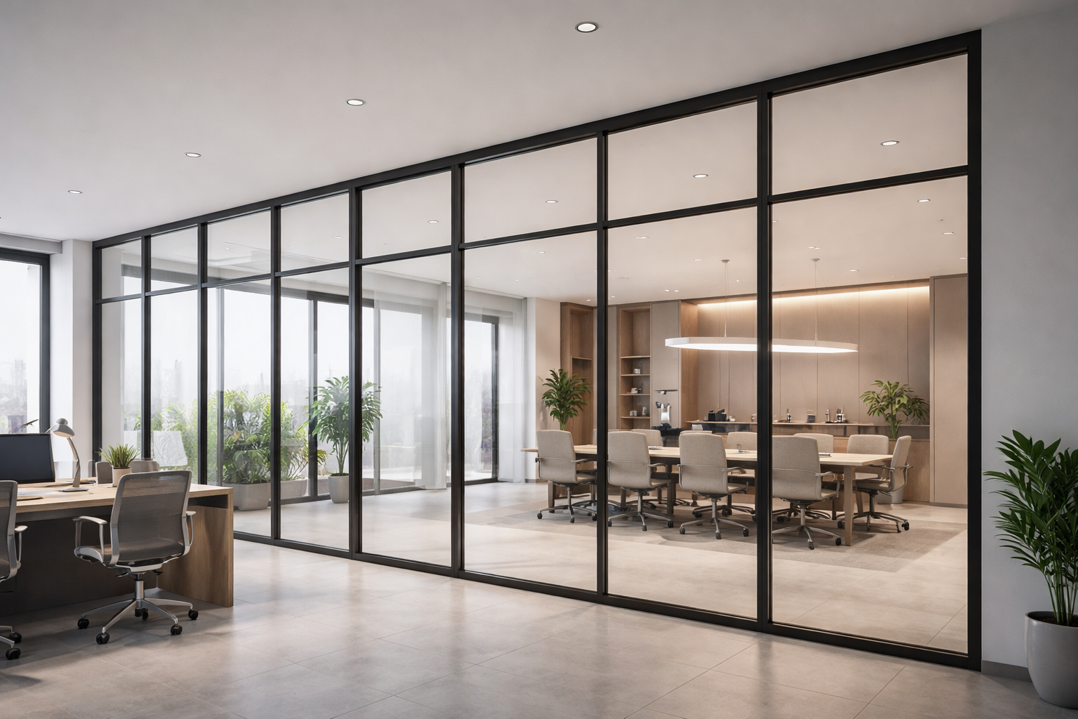 Pemasangan jendela partisi aluminium modern dengan rangka rapi dan kaca bening untuk ruangan kantor minimalis.