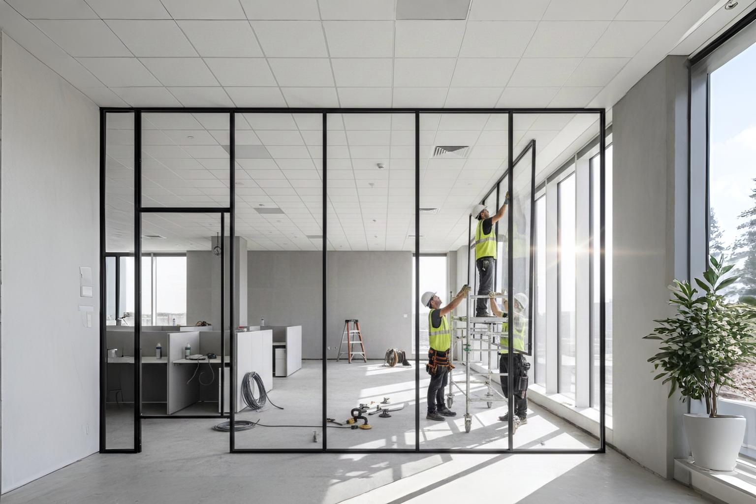 Partisi kaca kusen aluminium untuk ruang kantor di kawasan industri Cibitung.