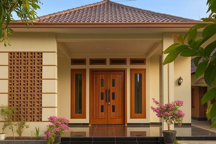 Detail tekstur serat kayu pada pintu aluminium modern berkualitas tinggi.