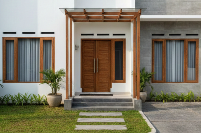 Tampilan jendela rumah minimalis menggunakan kusen aluminium serat kayu berwarna cokelat jati yang elegan dan kokoh.