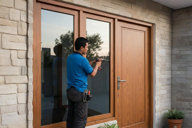 Pemasangan kusen aluminium Alexindo motif serat kayu pada jendela rumah minimalis di kawasan Cibitung Bekasi.