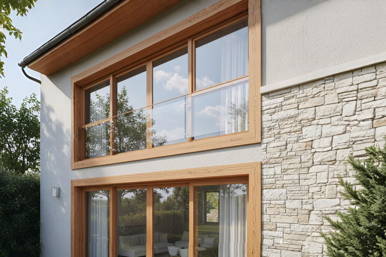 Model jendela aluminium serat kayu warna cokelat natural dengan kaca transparan untuk rumah minimalis modern.