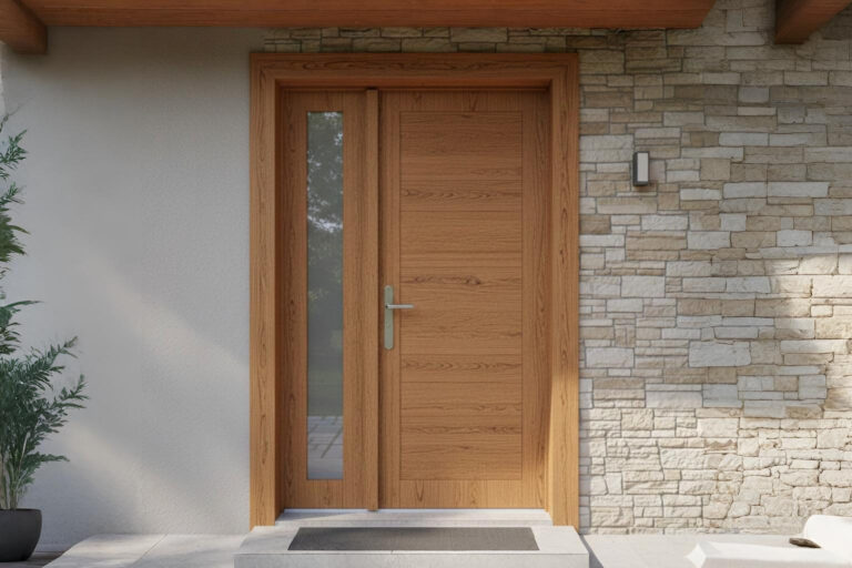 Tampilan elegan kusen aluminium Alexindo motif serat kayu jati terpasang rapi pada jendela rumah minimalis di Jakarta.