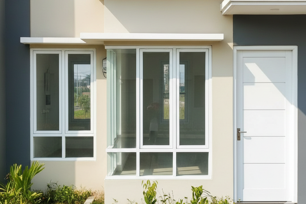 Pemasangan pintu aluminium Alexindo minimalis warna putih di rumah area Bekasi.