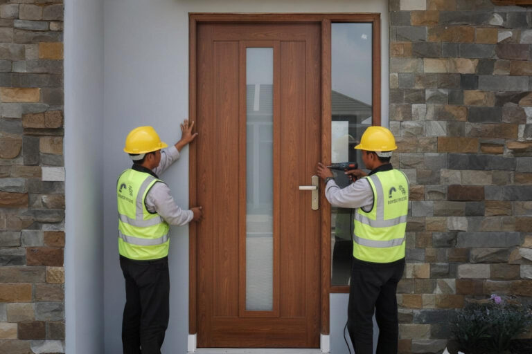 Pemasangan kusen aluminium serat kayu minimalis di rumah Cibitung.