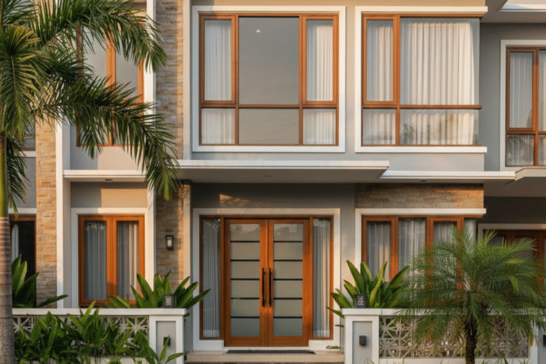 Model pintu aluminium motif serat kayu warna coklat elegan terpasang di perumahan minimalis kawasan Cibitung Bekasi.