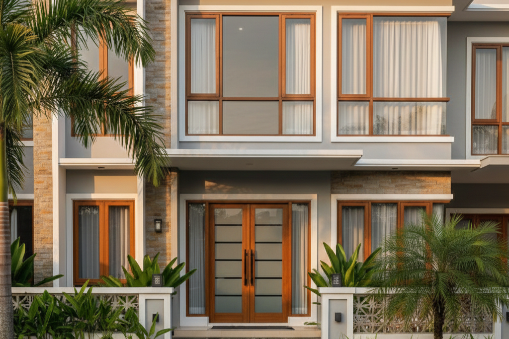 Model pintu aluminium motif serat kayu warna coklat elegan terpasang di perumahan minimalis kawasan Cibitung Bekasi.
