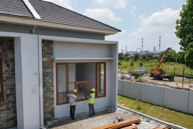 Model jendela aluminium motif serat kayu warna coklat natural terpasang rapi di perumahan Cibitung Bekasi.