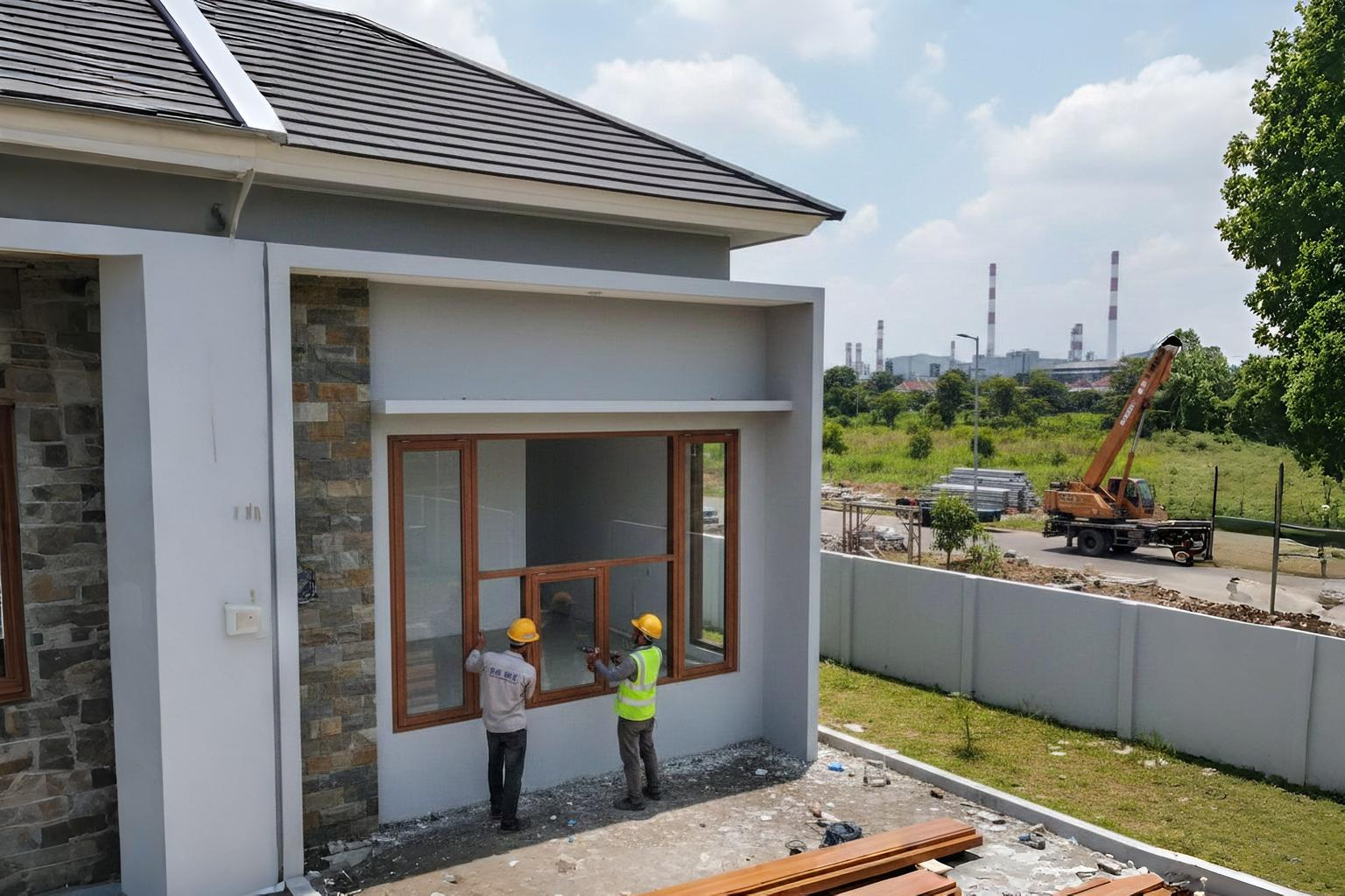 Model jendela aluminium motif serat kayu warna coklat natural terpasang rapi di perumahan Cibitung Bekasi.