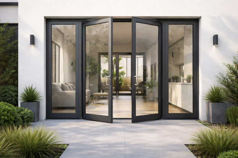 Pintu swing aluminium modern dengan rangka aluminium kokoh dan desain minimalis untuk rumah dan kantor