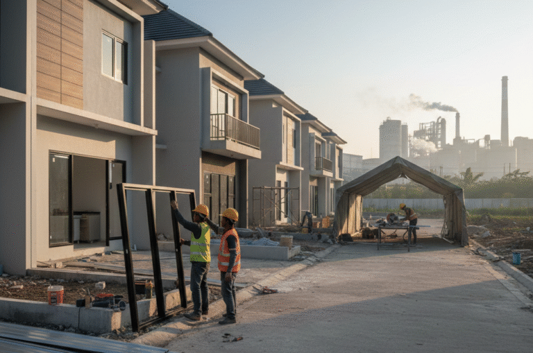 Tukang aluminium sedang memasang kusen jendela aluminium minimalis berwarna hitam di perumahan Cikarang.