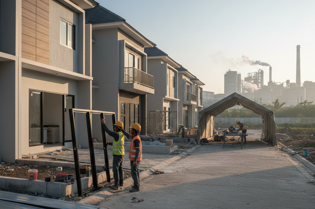 Tukang aluminium sedang memasang kusen jendela aluminium minimalis berwarna hitam di perumahan Cikarang.