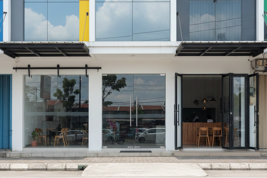 Pemasangan pintu kaca tempered minimalis untuk ruko modern di kawasan industri Cibitung Bekasi yang kuat dan aman.