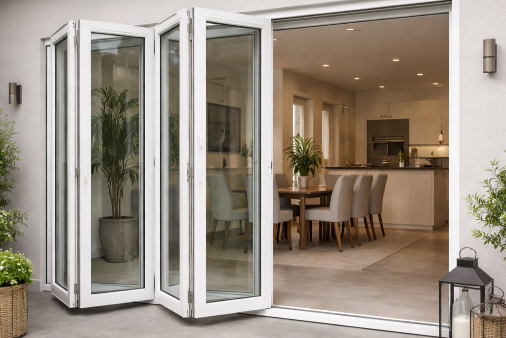 Pintu lipat aluminium modern di Tambun dengan desain minimalis, bukaan lebar, dan rangka aluminium kuat tahan lama.