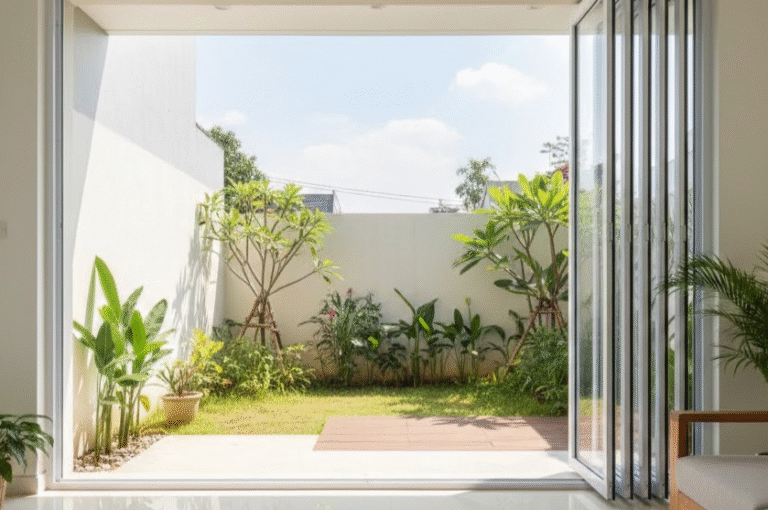 Model pintu alumunium custom minimalis warna hitam elegan untuk rumah modern.
