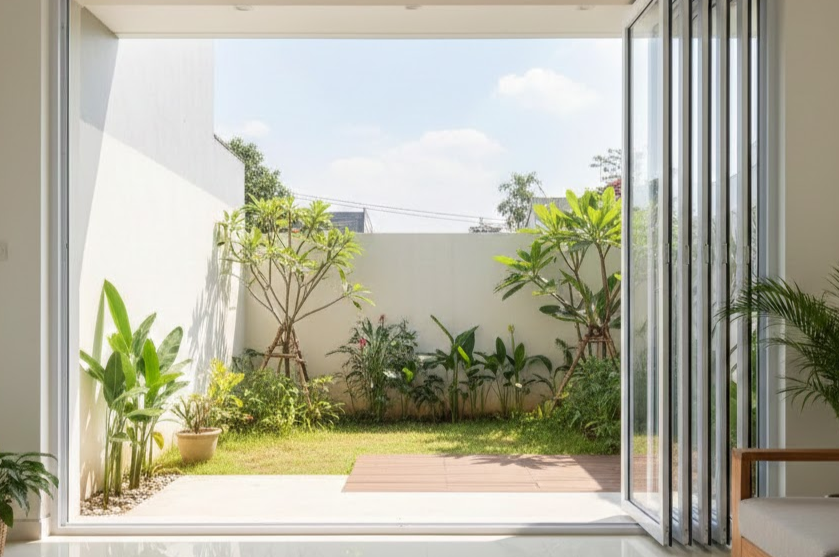 Model pintu alumunium custom minimalis warna hitam elegan untuk rumah modern.