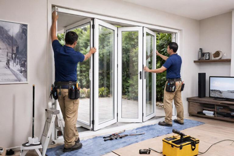 Pintu lipat aluminium minimalis warna putih terpasang rapi menghubungkan ruang keluarga dengan taman belakang rumah di Cibitung.