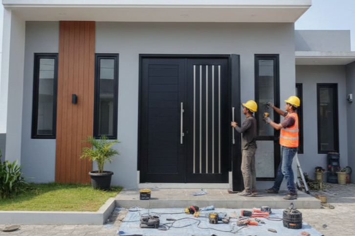 Pintu aluminium Alexindo minimalis warna hitam terpasang rapi di salah satu perumahan modern di daerah Cikarang.