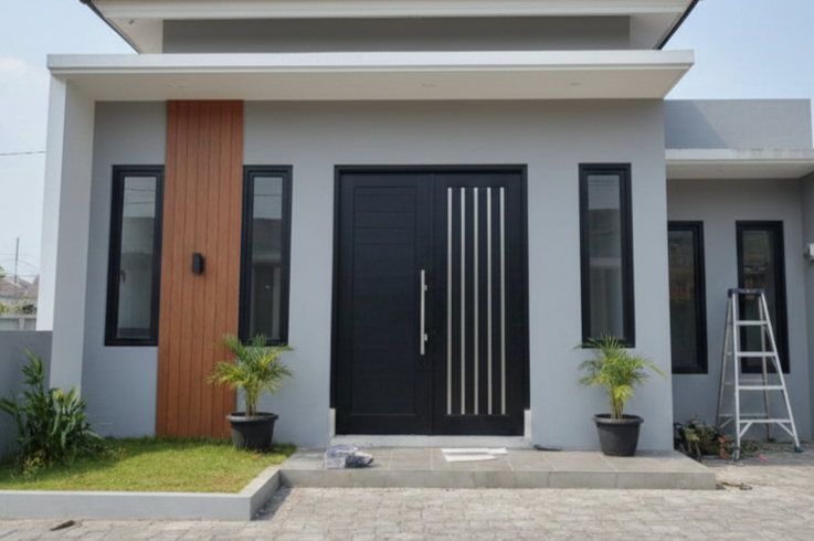 Pemasangan pintu aluminium Alexindo minimalis warna hitam yang elegan untuk rumah di Bekasi.