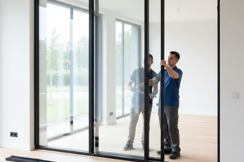 Pemasangan kusen aluminium minimalis warna hitam di perumahan Cikarang.