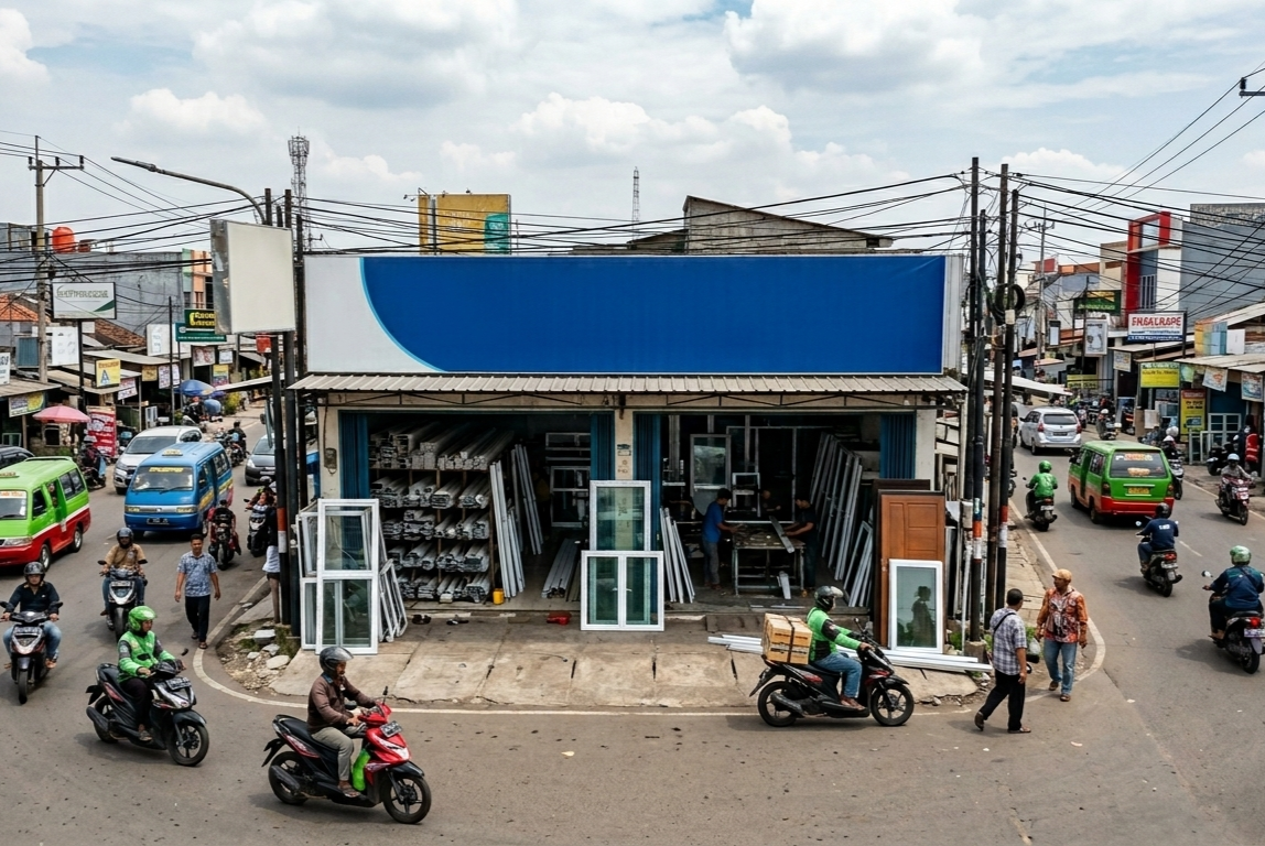 Pemasangan kusen pintu aluminium minimalis warna hitam oleh teknisi toko aluminium Cikarang profesional.