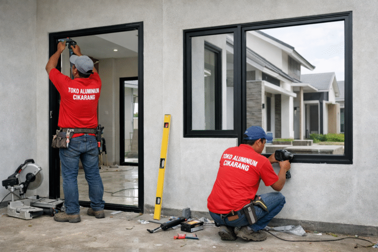 Pemasangan kusen pintu dan jendela aluminium minimalis oleh toko aluminium Cikarang pada proyek perumahan modern.