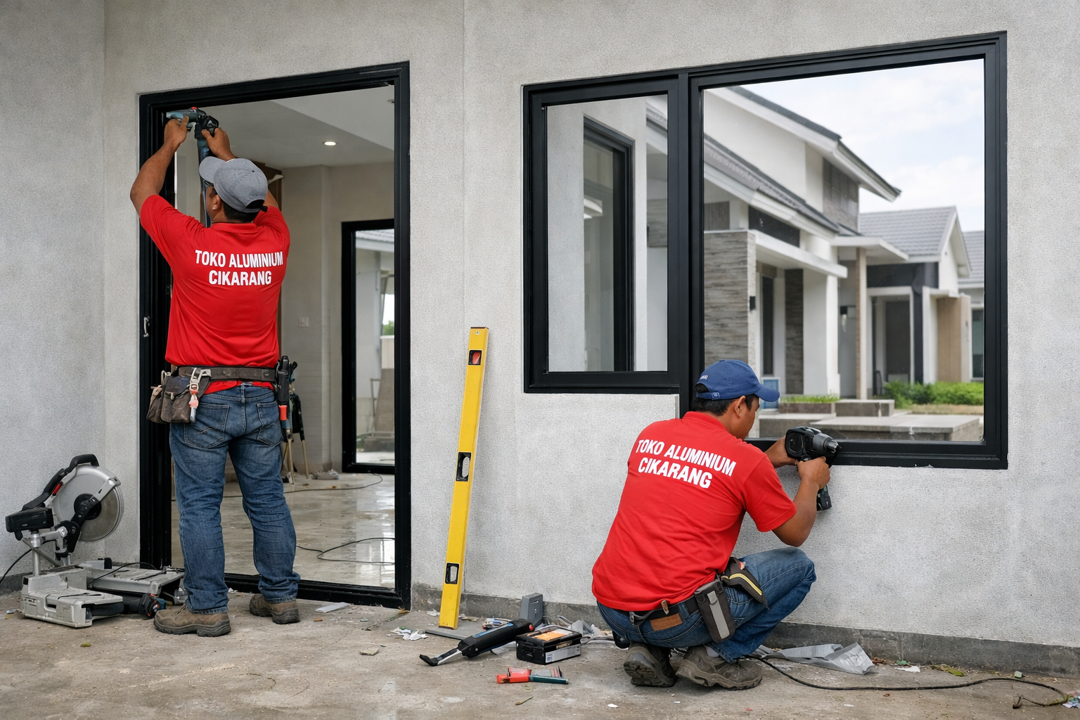 Pemasangan kusen pintu dan jendela aluminium minimalis oleh toko aluminium Cikarang pada proyek perumahan modern.