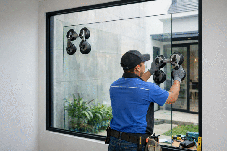 Pemasangan kaca tempered untuk jendela rumah minimalis oleh teknisi profesional toko kaca di wilayah Cikarang Bekasi.