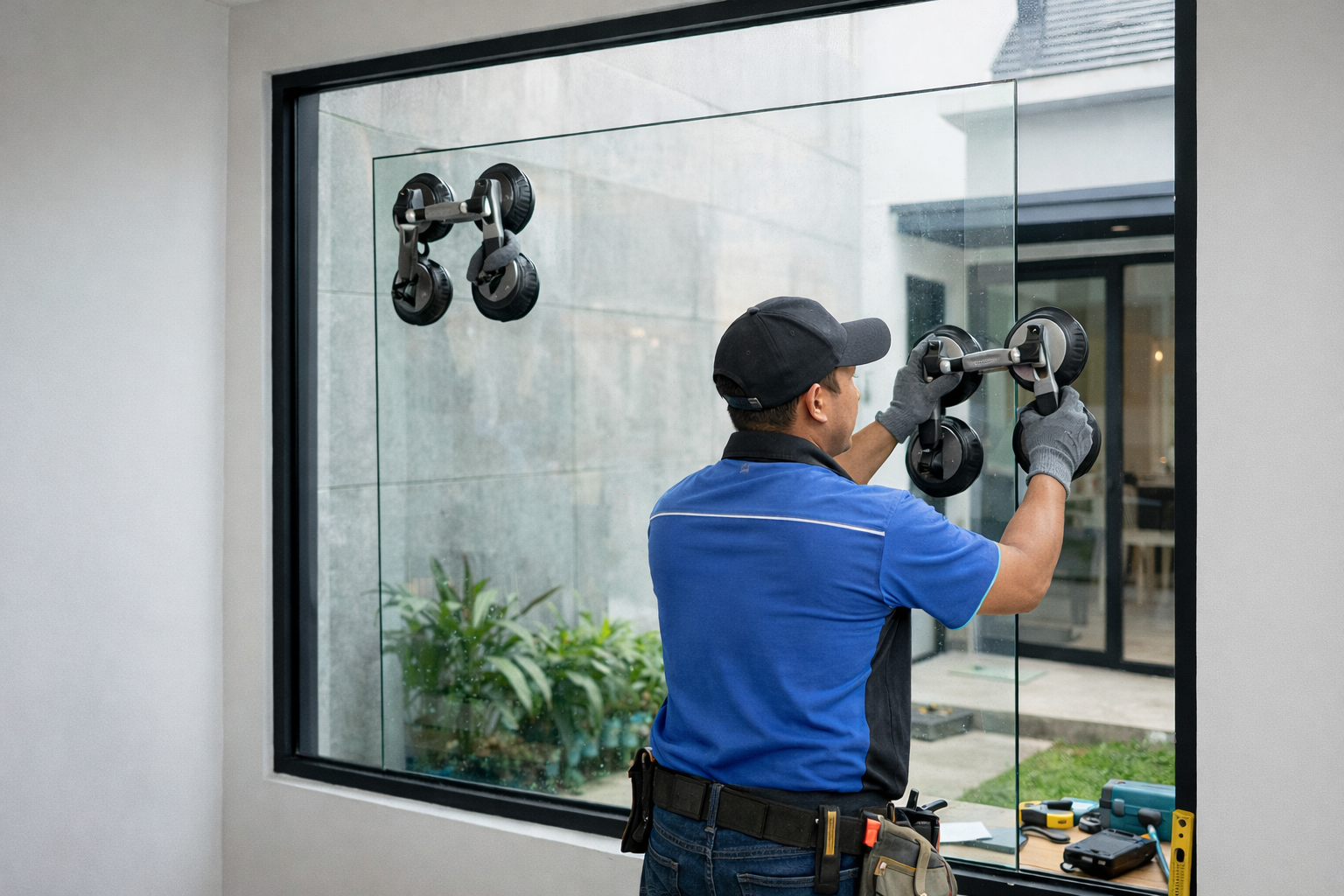 Pemasangan kaca tempered untuk jendela rumah minimalis oleh teknisi profesional toko kaca di wilayah Cikarang Bekasi.