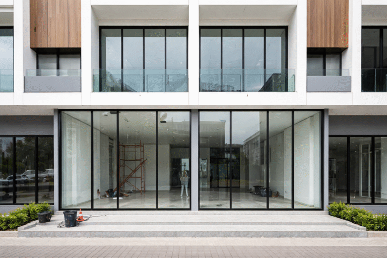 Pemasangan dinding kaca tempered minimalis pada bangunan ruko modern di kawasan Cikarang Bekasi.