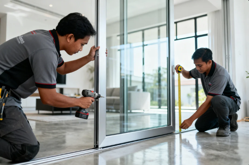 Pemasangan jendela partisi aluminium minimalis oleh tenaga ahli di kawasan hunian dan industri wilayah Cibitung Bekasi.