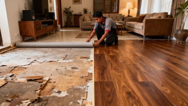 Proses pemasangan lantai vinyl motif kayu minimalis oleh tenaga ahli di ruangan tamu rumah Jakarta Timur.